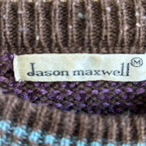 Vintage 90s Jason Maxwell Purple Brown Popcorn Knit Striped Sleeves Sweater - Picture 3 of 6
